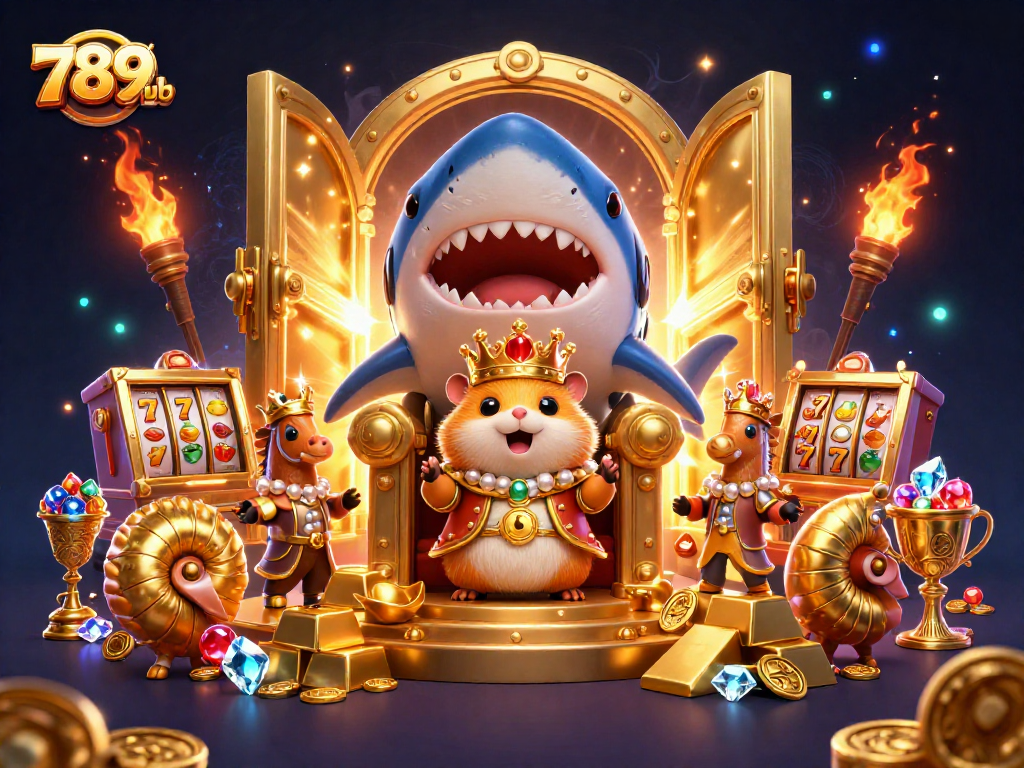 Engage with thrilling slots at 789club, ruled by a mighty hamster king in a treasure-filled scene.