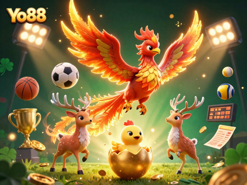Experience Yo88 with a fiery phoenix and dynamic sports elements in this vibrant digital illustration.