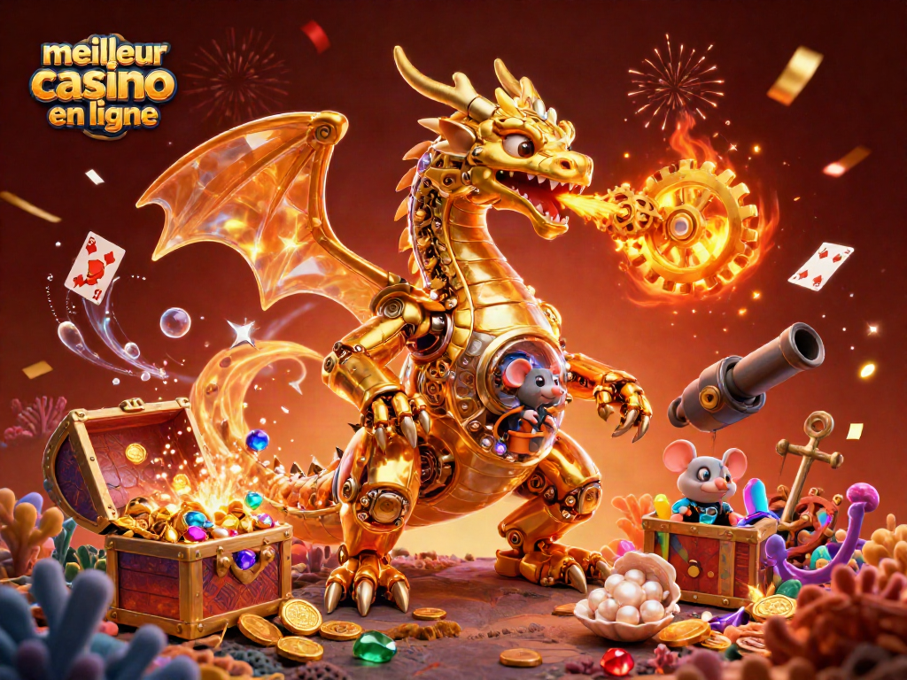 Visuel dynamique du meilleur casino en ligne avec un dragon doré et des éléments de jeu captivants.