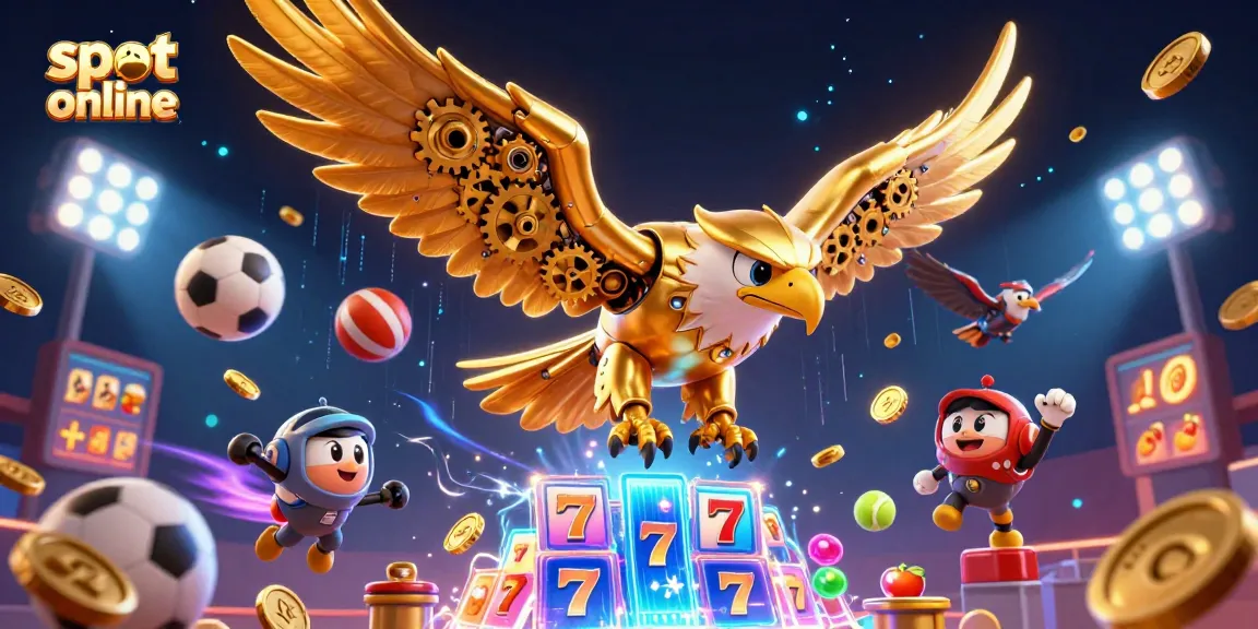 Engage with exhilarating slot online games in this dynamic 3D illustration featuring golden eagle and gaming elements.