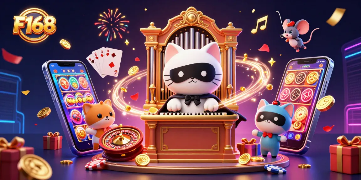 Engage in thrilling gameplay with F168's rich casino atmosphere, showcasing vibrant slot games and energetic characters.