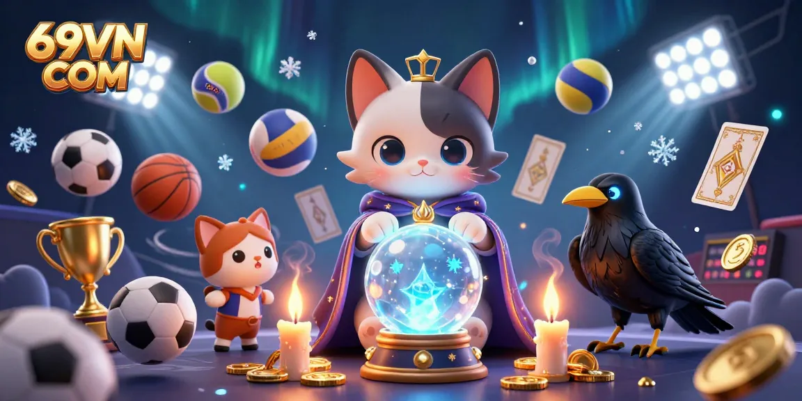 Experience thrilling gameplay at 69VN COM with a mystical scene featuring a fortune teller and sports elements.