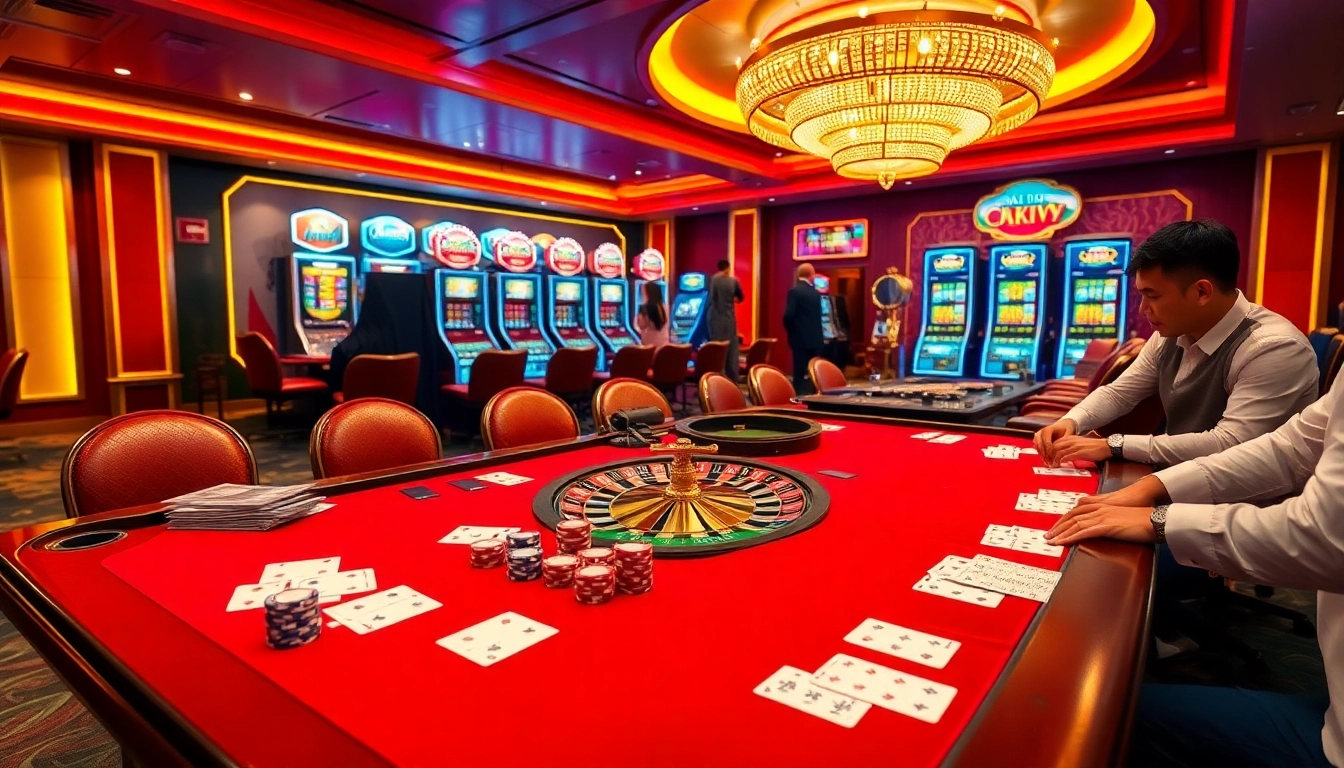 Experience the thrill of gambling with CM88 OKVIP at a vibrant casino featuring poker tables and slot machines.