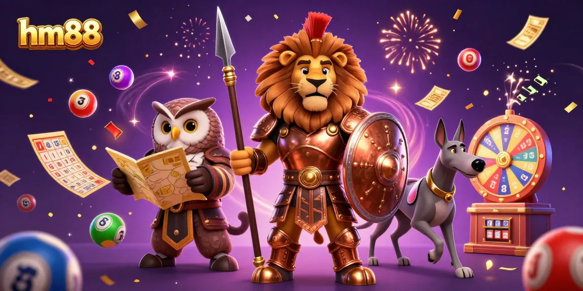 Win big with hm88 in a vibrant casino scene featuring dynamic gaming elements and engaging characters.