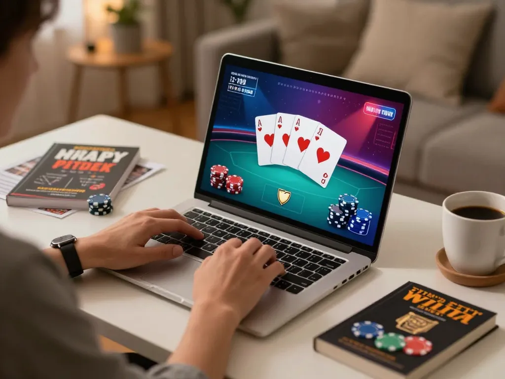 A player enjoying poker on 88betcom with a warm home atmosphere and strategic notes nearby.