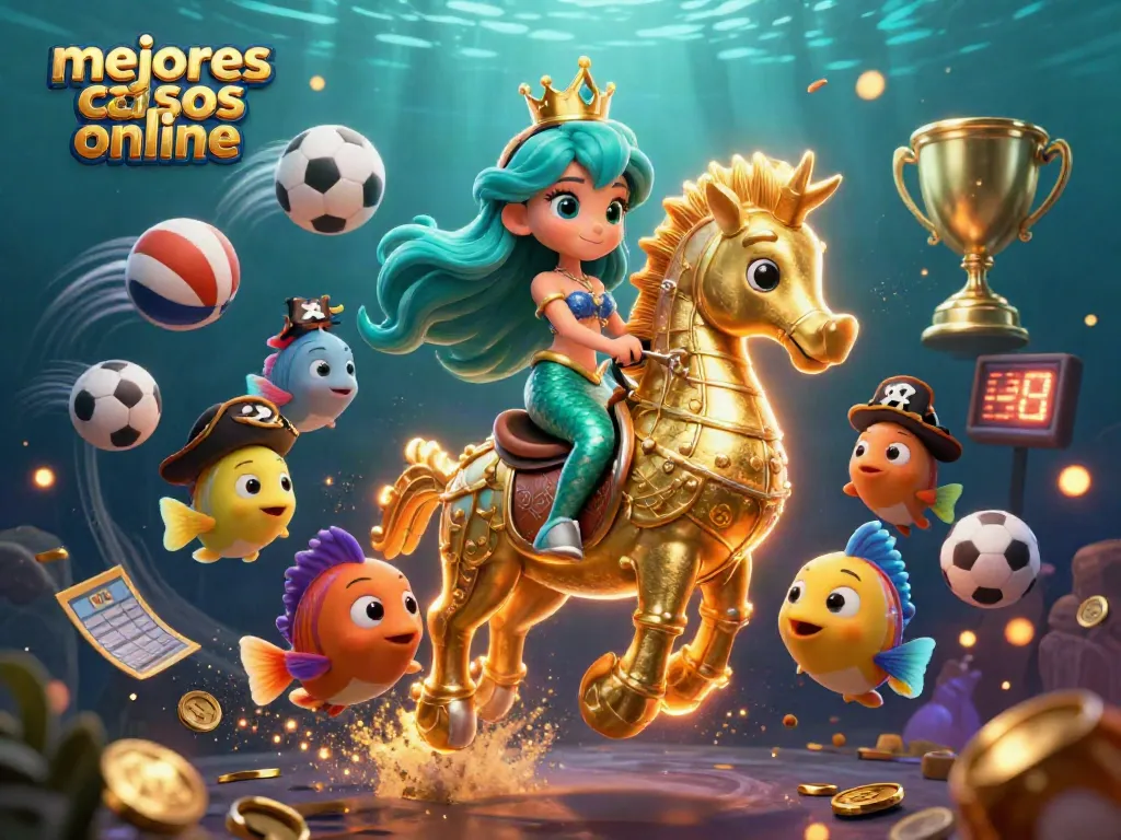 Sumérgete en los mejores casinos online con esta ilustración vibrante de una sirena y elementos de juego.