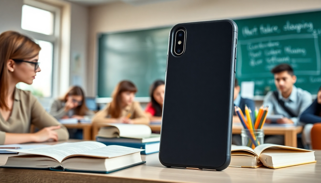 Handytasche Klassenzimmer zeigt Schulmaterialien in einem inspirierenden Lernumfeld.