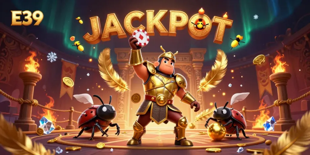 Experience E39's thrilling jackpot moment as a victorious beetle hero lifts chips amidst casino glamour.