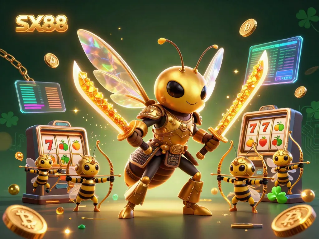 SX88 captures an epic gambling scene with a golden hornet warrior and bee archers surrounded by vibrant slot reels and cryptocurrency coins.