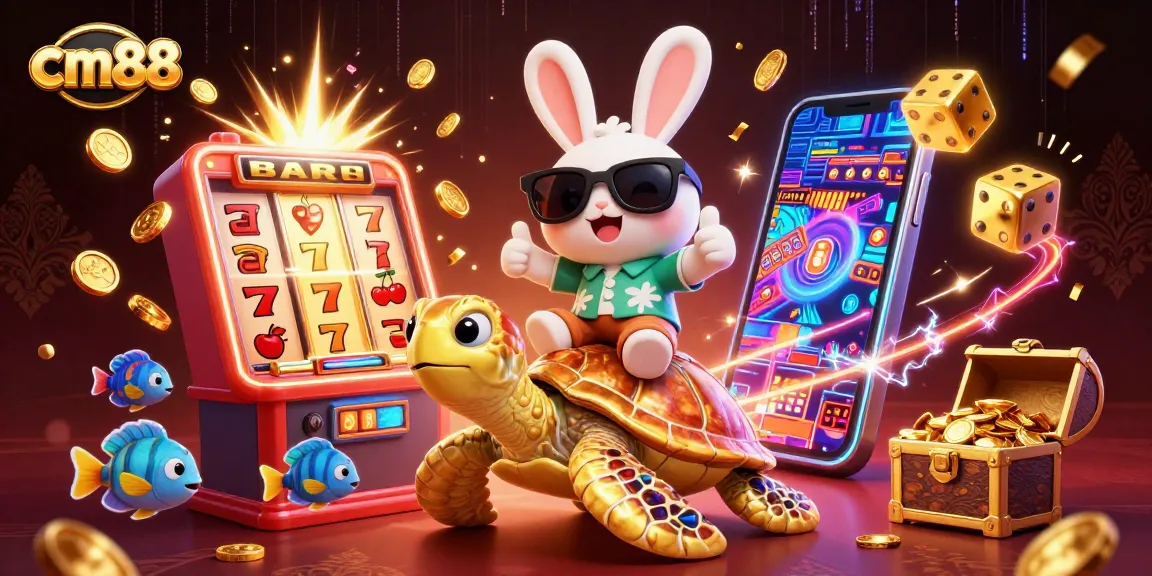 Win big with cm88 as a lucky rabbit and golden sea turtle celebrate casino jackpots!