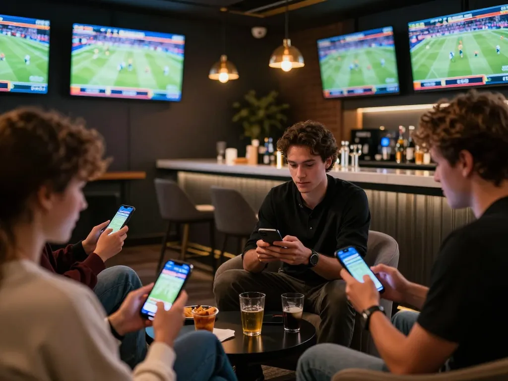 F8bet players analyzing odds in a stylish sports betting lounge during gameplay