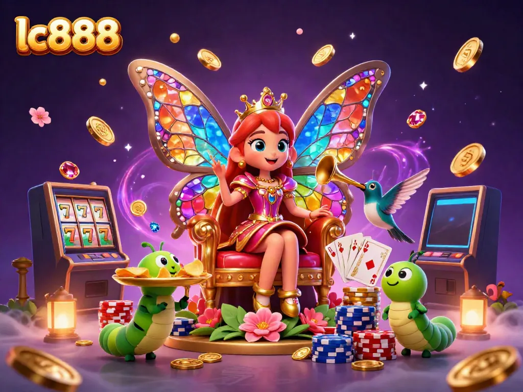 Win big with lc888 in this colorful 3D casino scene featuring slots and cards.