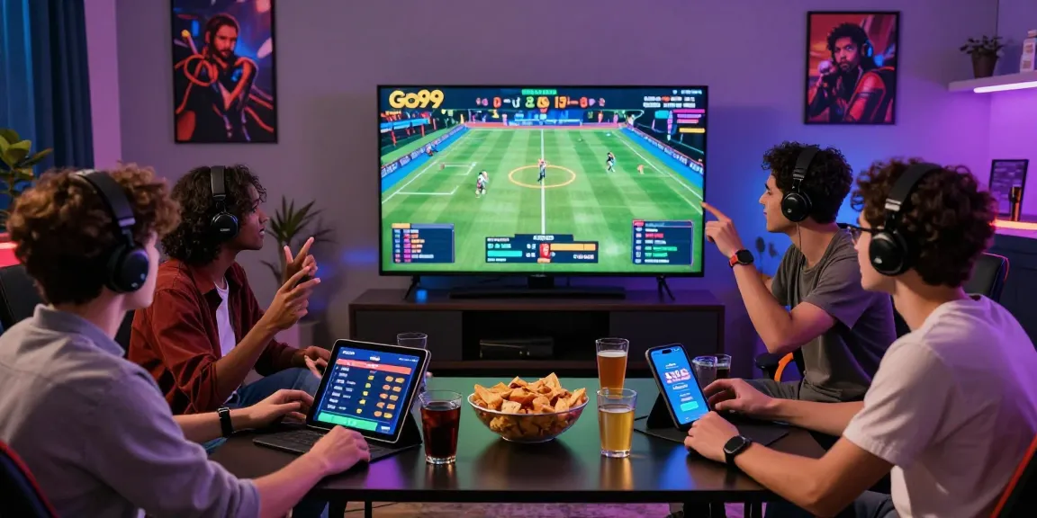 Group enjoying live sports betting on the Go99 platform with snacks and excitement.