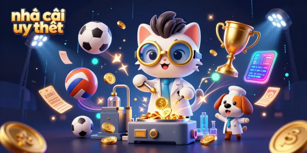 Experience the excitement of nhà cái uy tín with our dynamic casino scene filled with gold coins and sports elements.