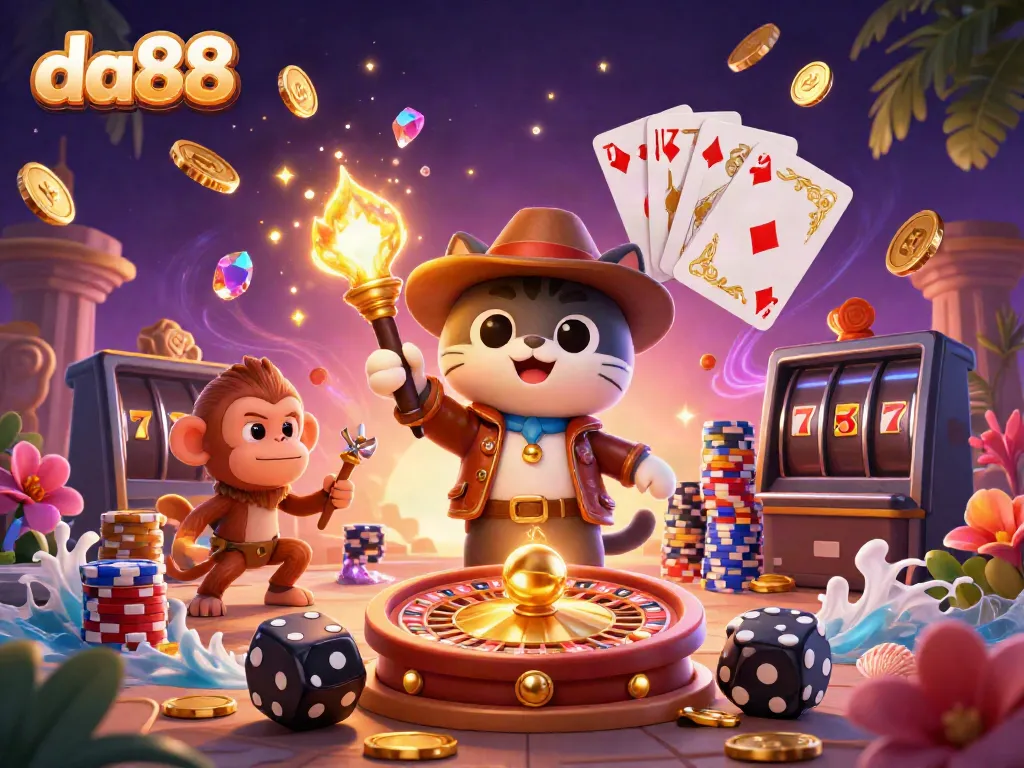 Catalyze your wins at da88 with vibrant slots illustration featuring characters and casino elements.