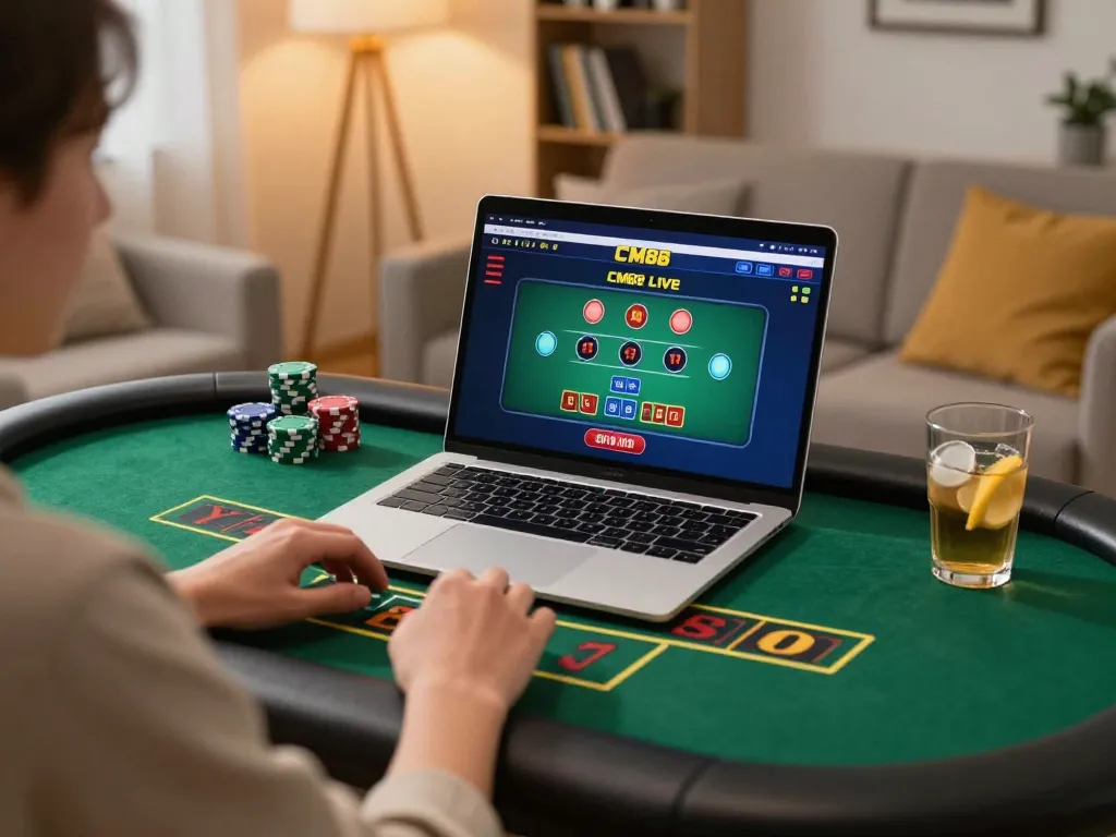 Engaging in CM88 online blackjack game in a cozy home setting with vibrant atmosphere.