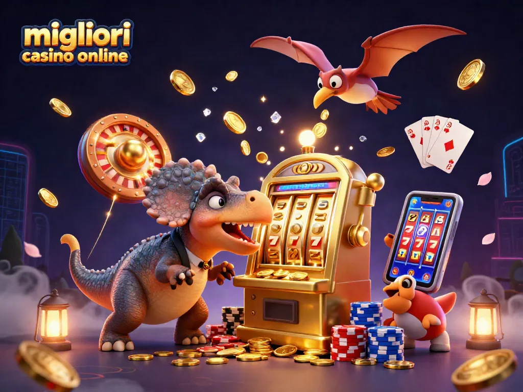 Scopri i migliori casino online con un pachycefalosauro che colpisce una slot machine dorata per vincere monete jackpot.