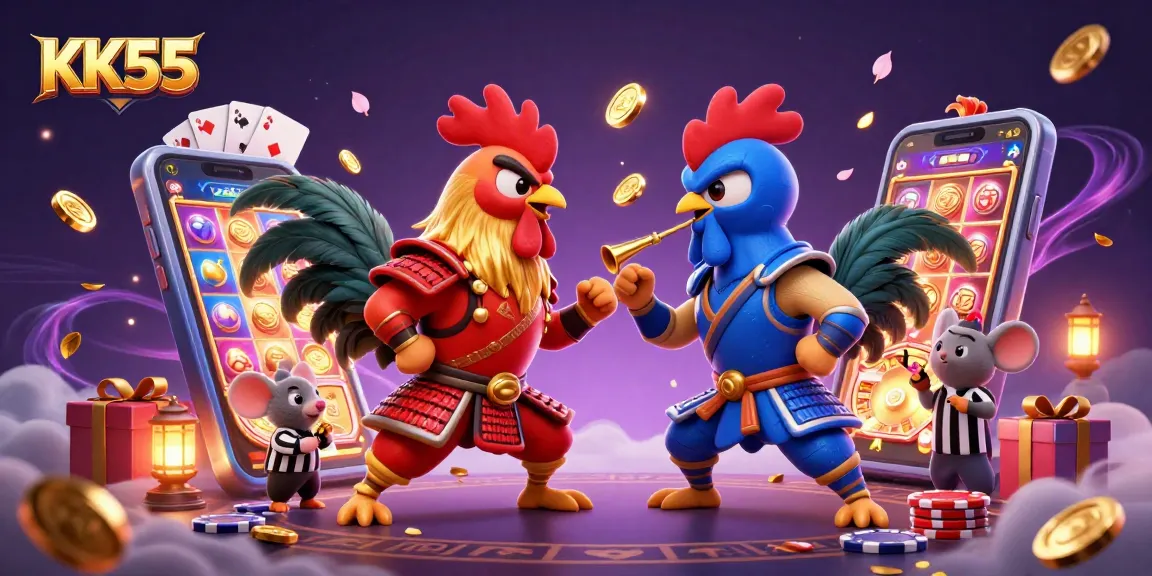 Engage with thrilling casino action on KK55 featuring dynamic rooster duel amid vibrant gaming elements.