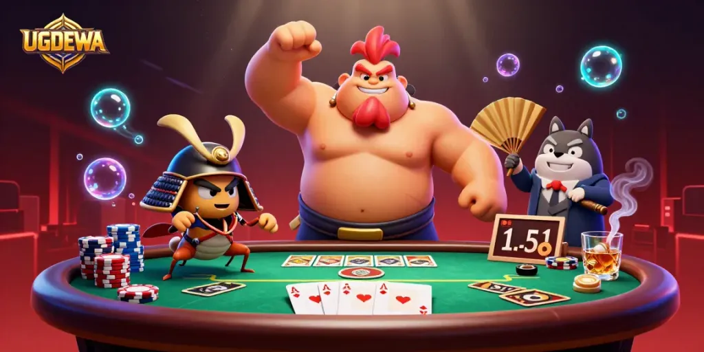 UGDEWA showcases a lively poker scene with a powerful sumo wrestler rooster, fierce cricket, and dynamic tanuki announcer.