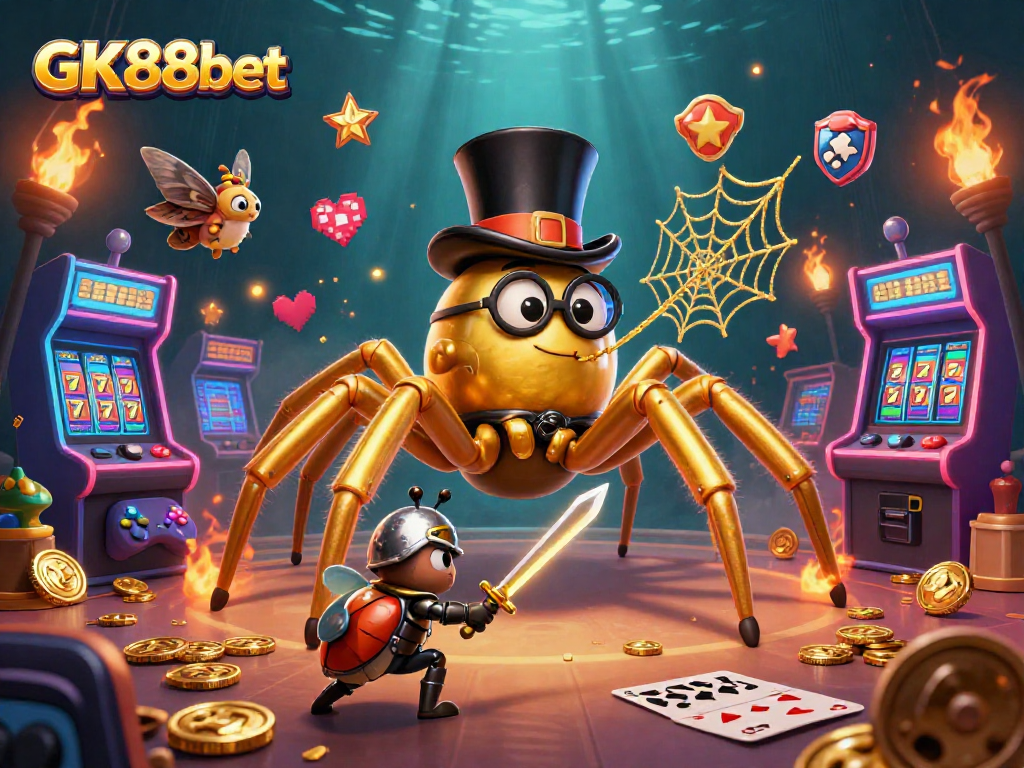 Engage with excitement at GK88bet, showcasing a golden tarantula weaving thrills around casino-themed arcade elements.