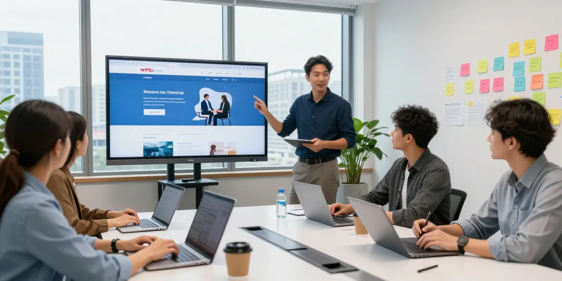Team collaborating on WPS Official Website project in a modern office