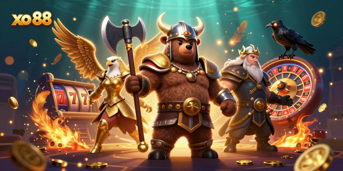 Engage in thrilling casino action with xo 88 as Viking and Valkyrie characters face dynamic slot reels.