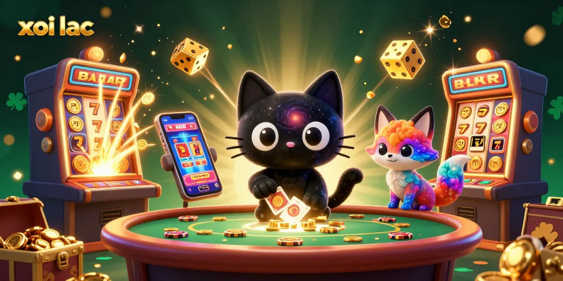 Xoi lac entertains gamblers with a dynamic casino scene featuring swirling cosmic characters and slot machines.