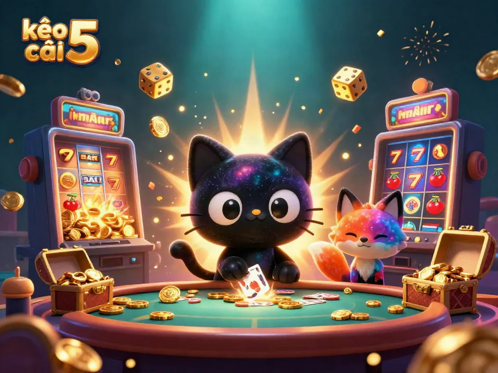 Engage in excitement with kèo nhà cái 5 as a cosmic cat draws in golden chips at a dynamic casino scene.