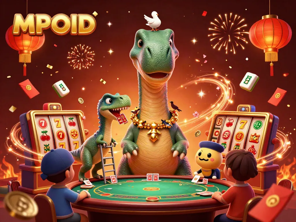 MPOID offers a thrilling casino scene with a giant brontosaurus, vibrant slot reels, and festive elements.