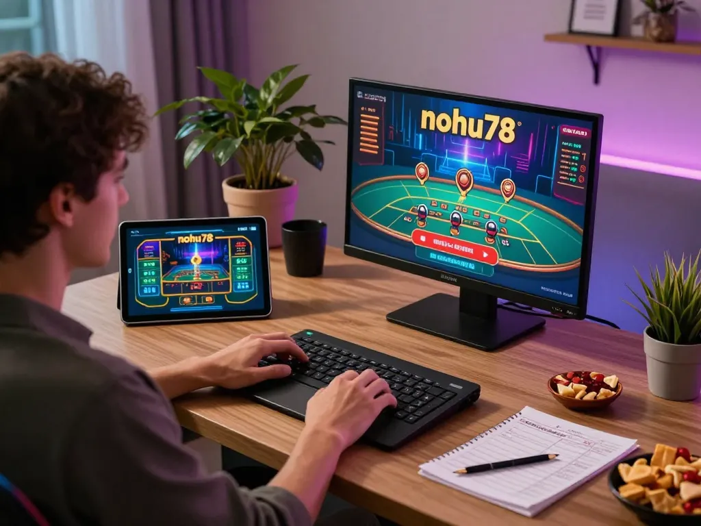 Nohu78 online gambling with a player engaged in live dealer gaming at home