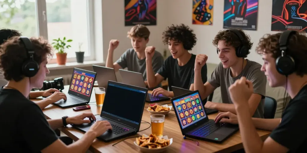 Friends enjoying an engaging gaming session showcasing the qqmacan link in a vibrant home environment.