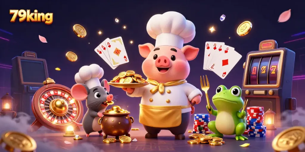 Engage with 79king's thrill by playing slots with golden coins and vibrant characters in a dynamic casino scene.