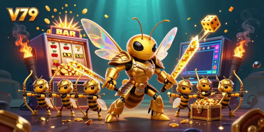 Experience thrilling gameplay with v79, featuring dynamic cartoon characters and vibrant casino elements.