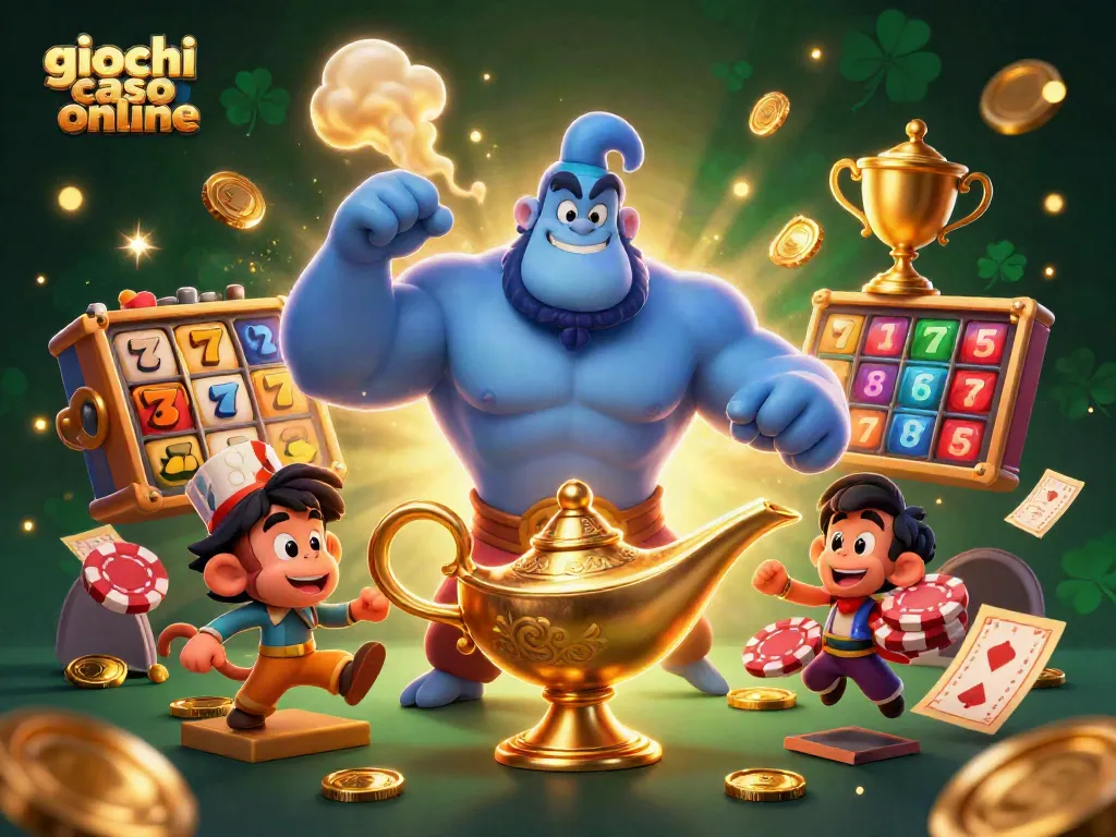 Giochi casino online con un genio blu e una scimmietta da favola mentre volano tra slot e trofei d'oro.