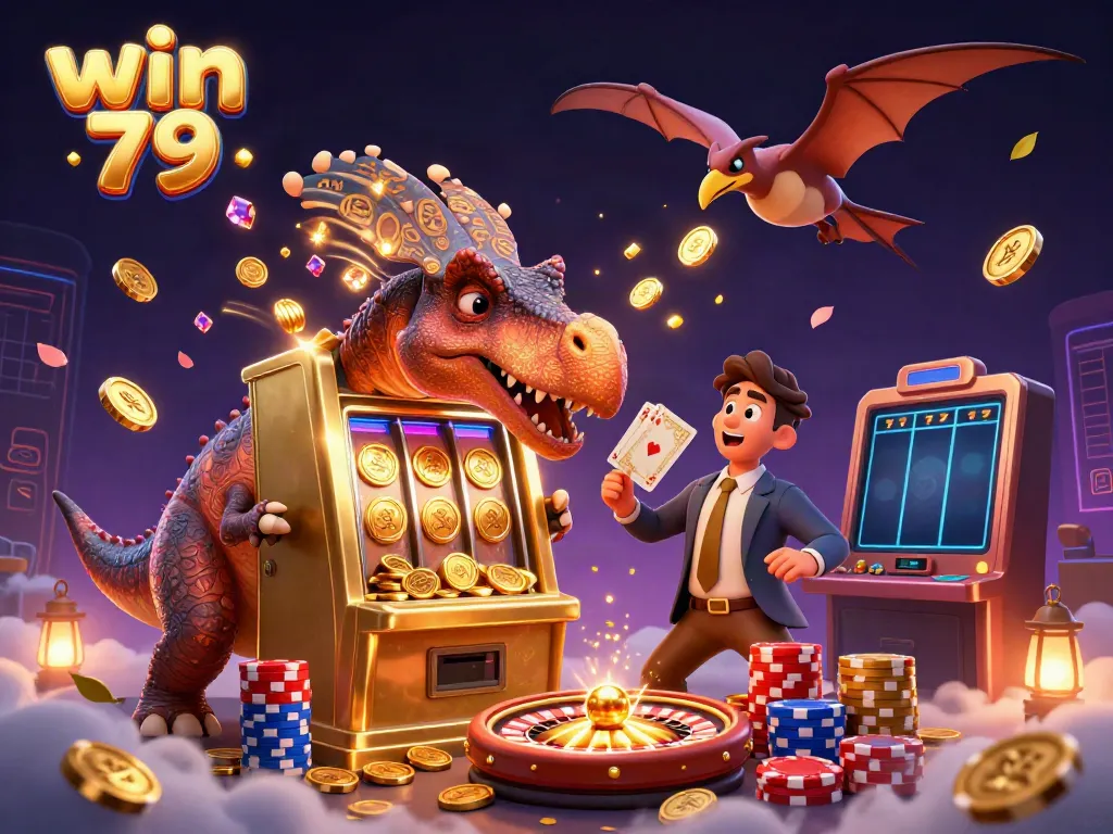 Experience the thrill of win 79 with dynamic characters and captivating casino elements in this vibrant illustration.