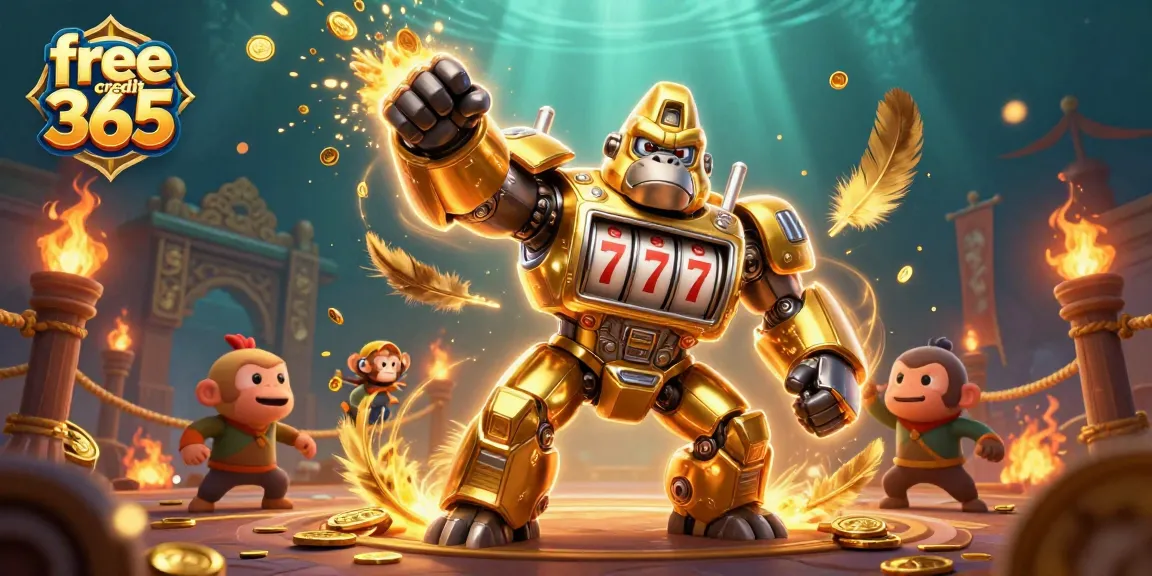 Experience the thrill of free credit 365 with a dynamic 3D illustration showcasing a golden gorilla mech and exciting casino elements.