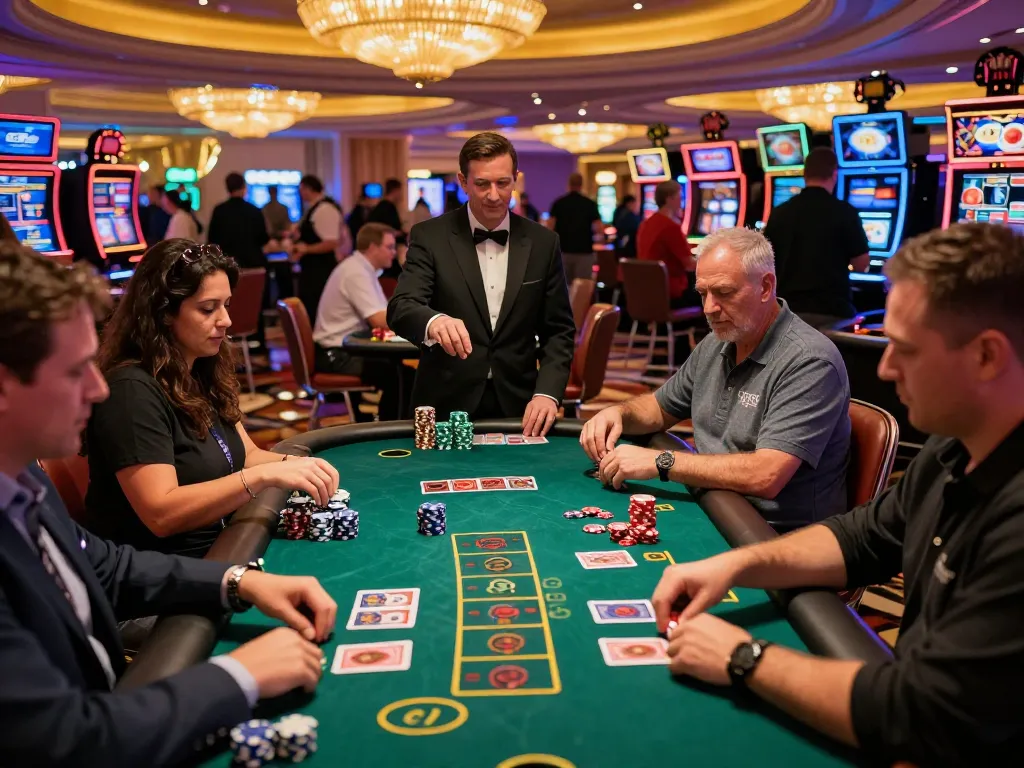 Players at a b52 blackjack table enjoy strategic gameplay amid a vibrant casino atmosphere.