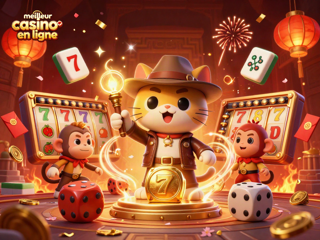 Découvrez le meilleur casino en ligne avec cette illustration dynamique représentant un chat explorateur et ses compagnons au cœur d'un temple.