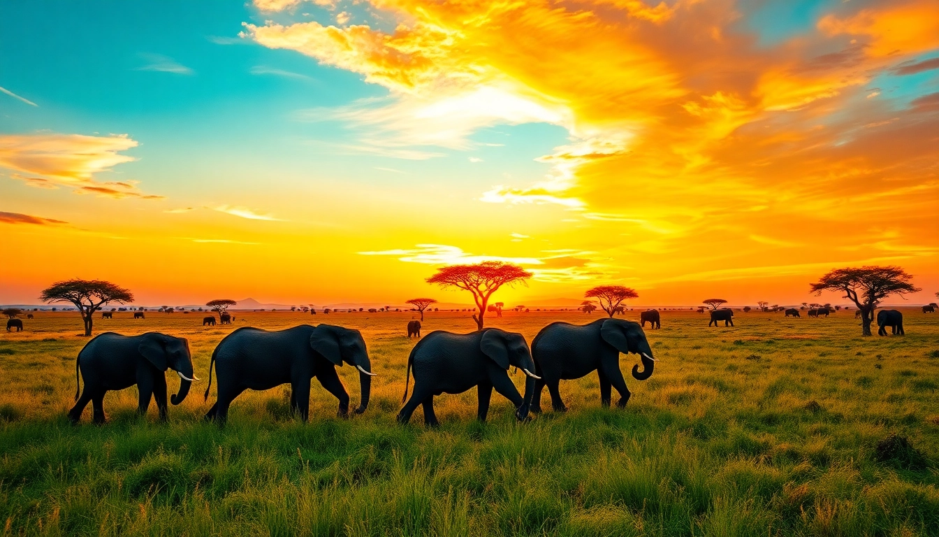 Experience Tanzania safari and Zanzibar beach with a vibrant sunset over the Serengeti and elephants.