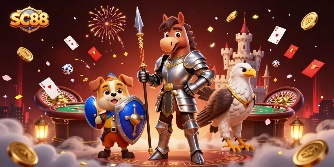 Experience SC88 with a cartoon knight and friends enjoying vibrant casino excitement.