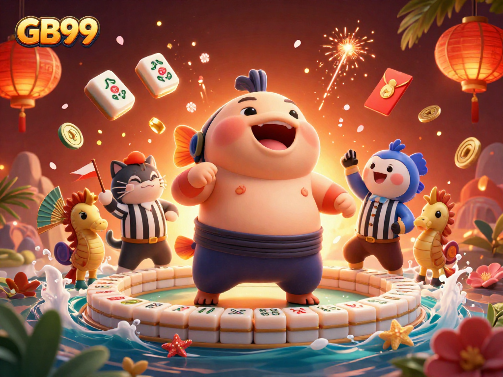 Engage with the vibrant underwater battle of the GB99 casino featuring a blowfish and catfish referee.