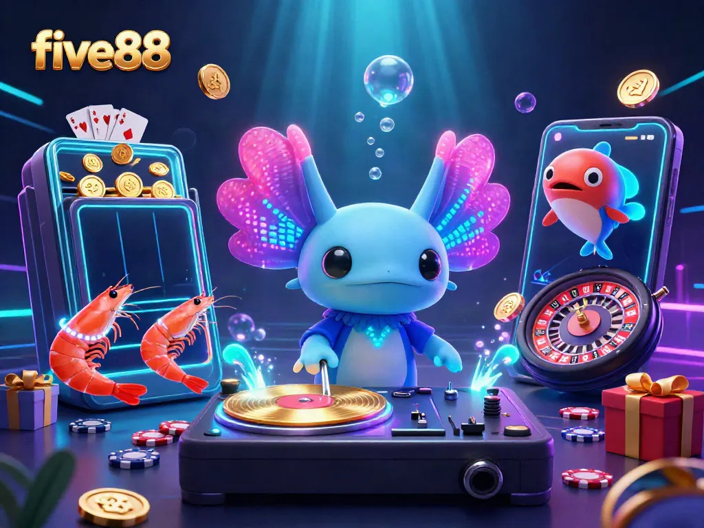 Engage with the vibrant world of five88 as a neon axolotl DJ spins golden records among glowing sea creatures, celebrating epic wins.