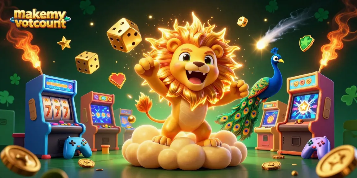 Experience the thrill of makemyvotecount with dazzling casino games featuring a roaring lion, golden dice, and vibrant elements.