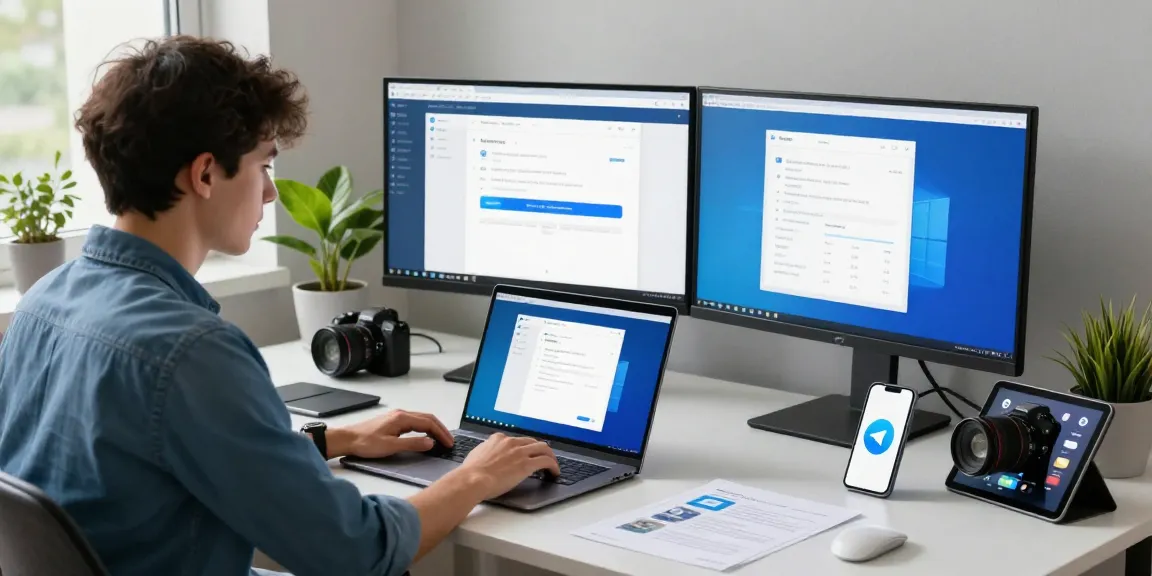 Downloading Telegram Download on a laptop in a modern workspace with dual monitors.