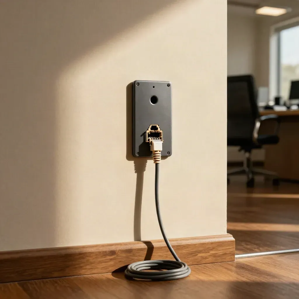 Graphite ethernet wall plate with service loop and coiled cable on a warm office floor