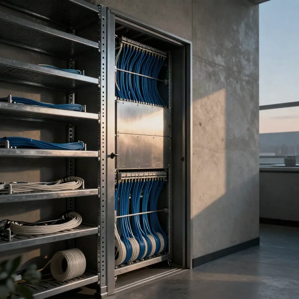 Utility closet network install with patch panel, blue Cat6 runs and rack hardware in cinematic light.