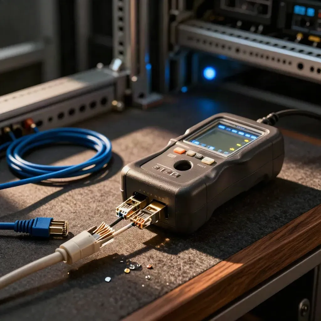 Top-down cable tester cycling through pairs beside a terminated ethernet line and blue patch cord.