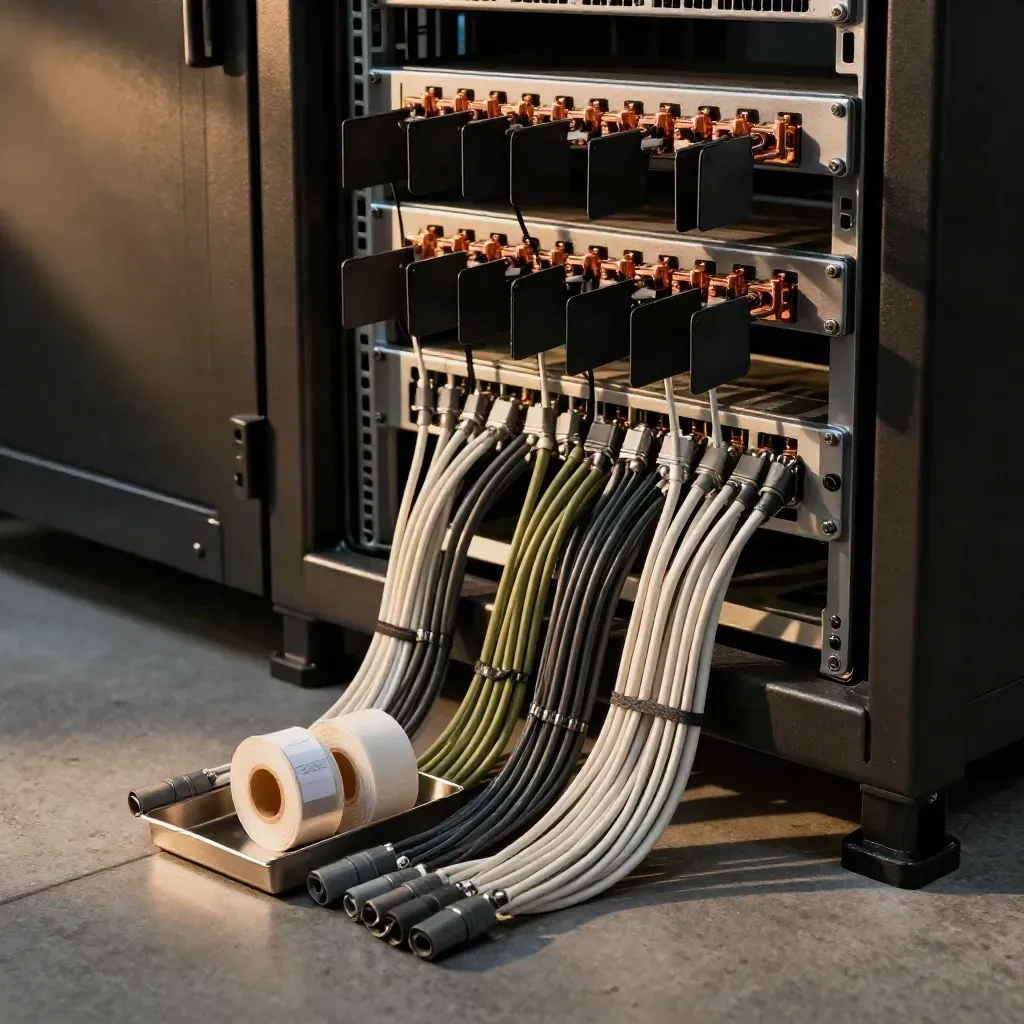 Organized rack corner with patch cords, label rolls, and cable flags in dramatic low light.