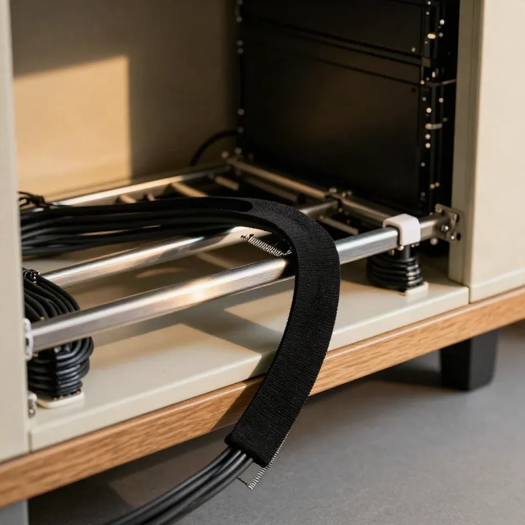 Tidy cable bundle with Velcro ties and a cable comb inside a rack interior.