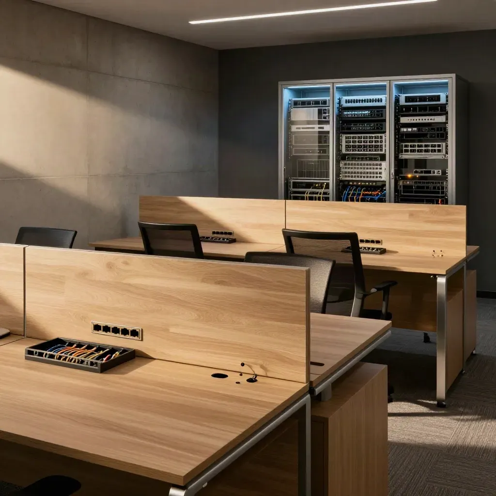 Move-in-ready office with live network drops, glowing closet, and clean cable management.